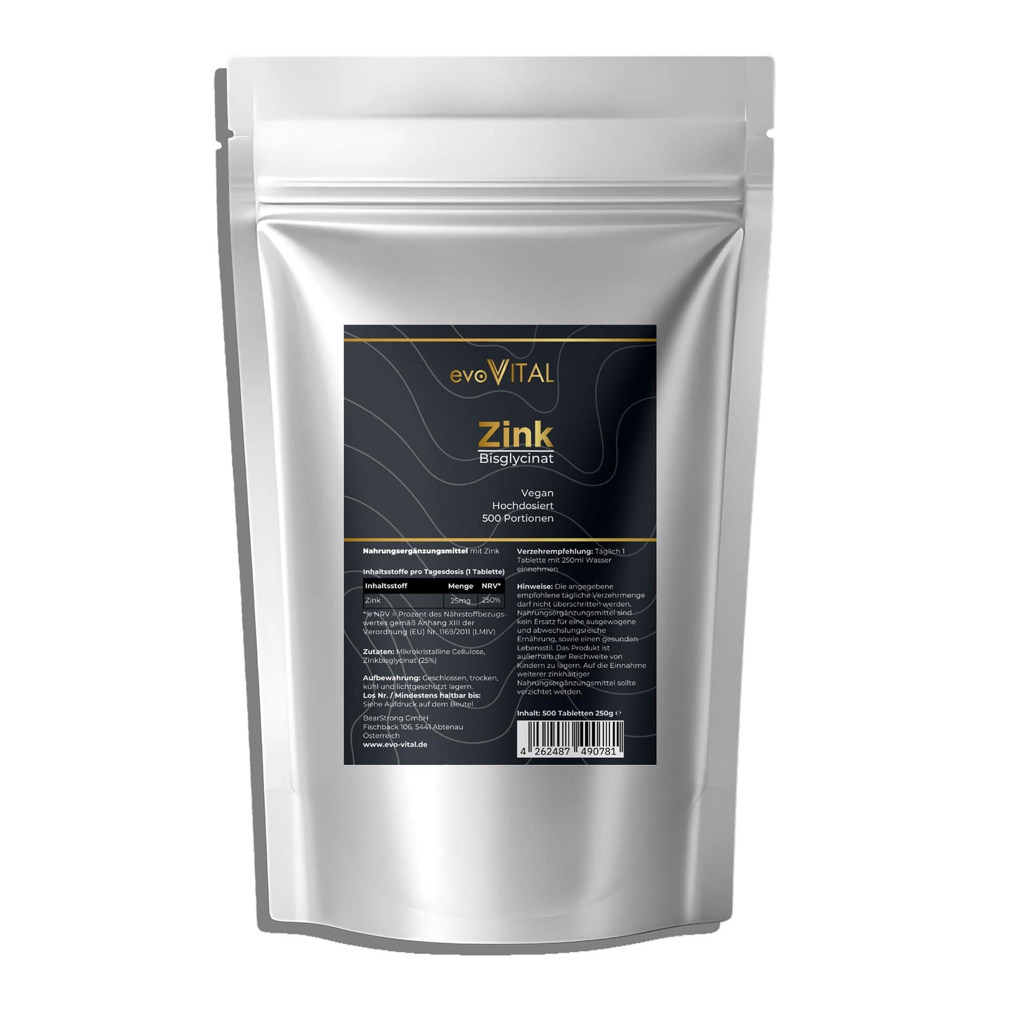 Vorderansicht der evoVital Zink-Bisglycinat-Vorratspackung mit 500 hochdosierten veganen Tabletten à 25mg für optimale Bioverfügbarkeit ohne Zusatzstoffe.