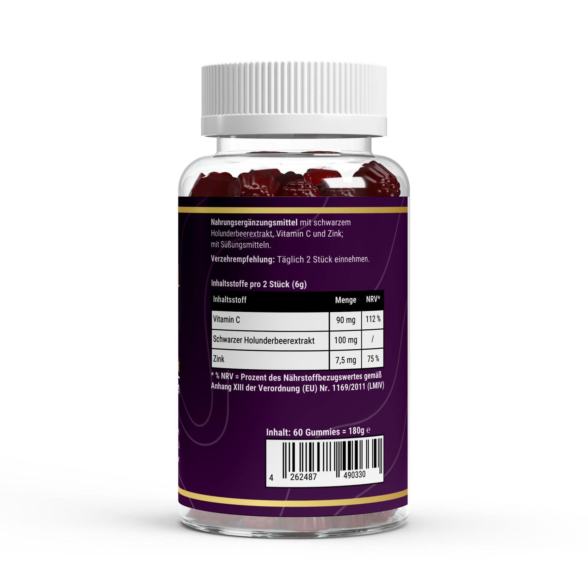 Transparente Übersicht der Inhaltsstoffe pro Portion: Vitamin C, Zink und Holunderbeerenextrakt in veganen Gummies ohne Zuckerzusatz.