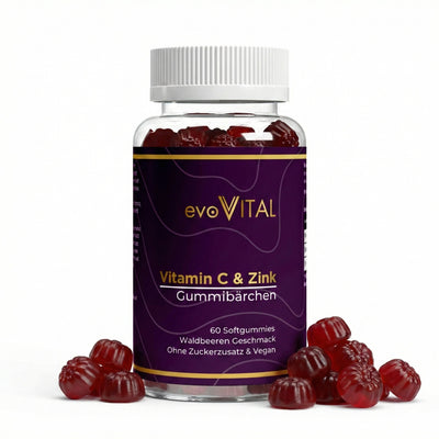 Vorderansicht der evoVital Zink & Vitamin C Gummies-Dose mit 60 veganen Gummibärchen in Waldbeeren-Geschmack, zuckerfrei mit Holunderbeere für 30 Portionen.