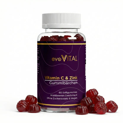 Vorderansicht der evoVital Zink & Vitamin C Gummies-Dose mit 60 veganen Gummibärchen in Waldbeeren-Geschmack, zuckerfrei mit Holunderbeere für 30 Portionen.