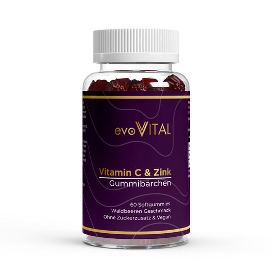 Vorderansicht der evoVital Zink & Vitamin C Gummies-Dose mit 60 veganen Gummibärchen in Waldbeeren-Geschmack, zuckerfrei mit Holunderbeere für 30 Portionen.