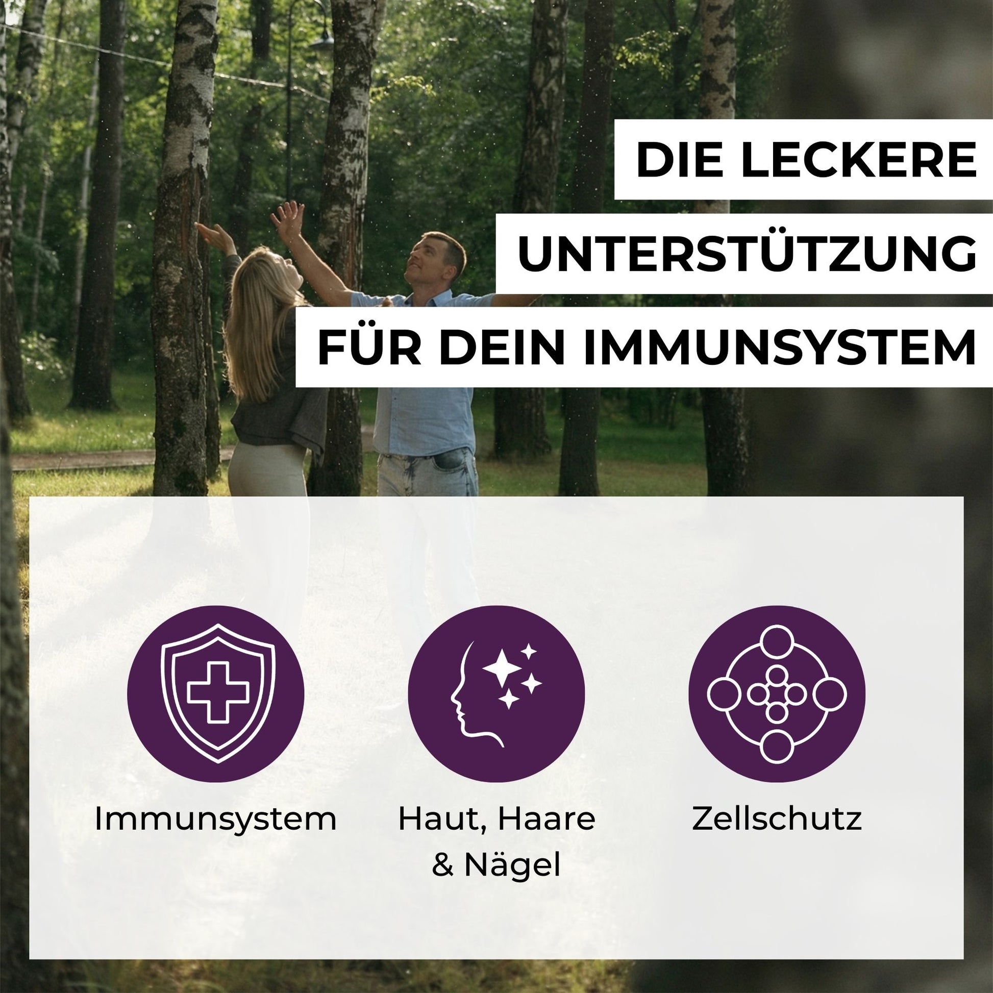Infografik zu den Vorteilen der Zink & Vitamin C Gummies: Unterstützung für Immunsystem, kognitive Funktion, Haut, Haare, Nägel und Zellschutz.