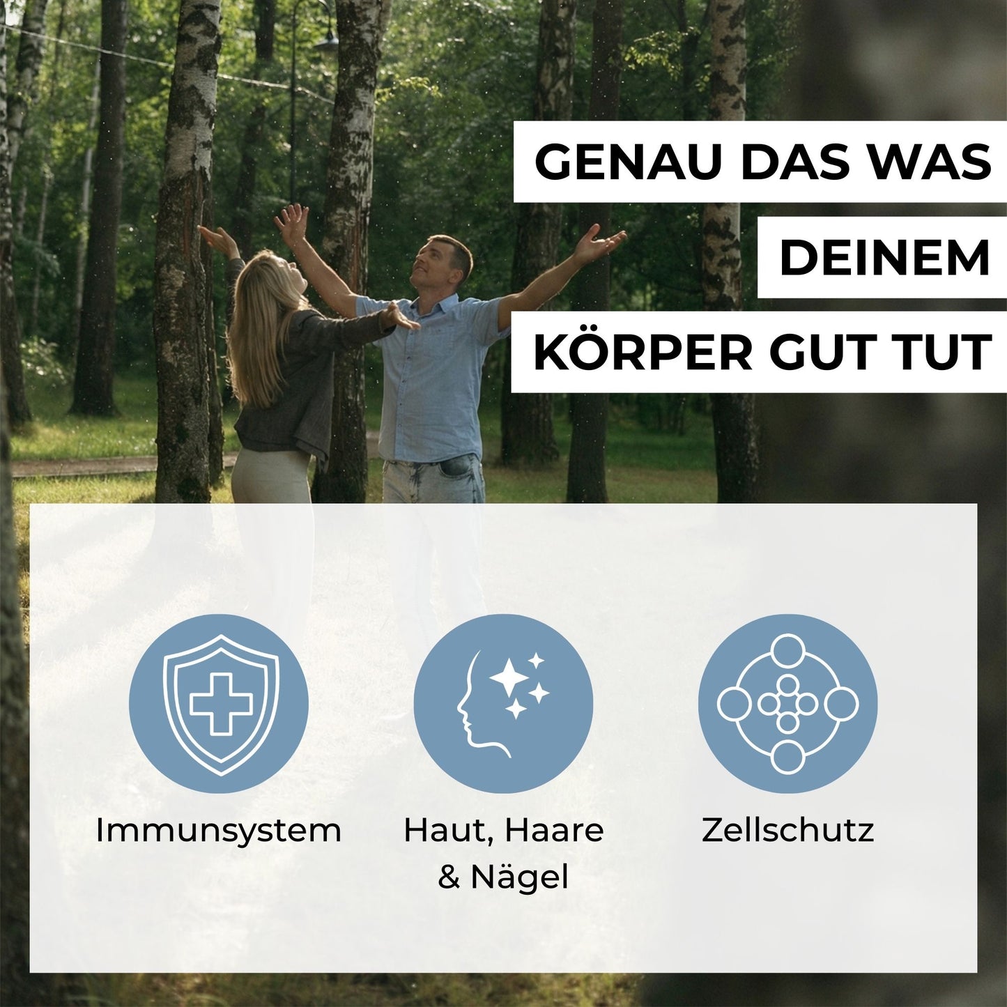Infografik zu den Vorteilen von Zink-Bisglycinat: Unterstützung für Immunsystem, kognitive Funktion, Haut, Haare, Nägel und Schutz vor oxidativem Stress.