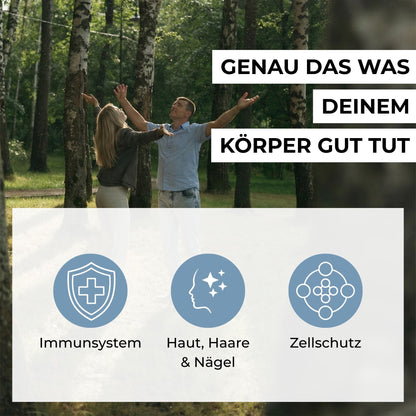 Infografik zu den Vorteilen von Zink-Bisglycinat: Unterstützung für Immunsystem, kognitive Funktion, Haut, Haare, Nägel und Schutz vor oxidativem Stress.